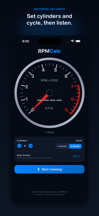 RPMCalc home screen with cylinder and cycle settings