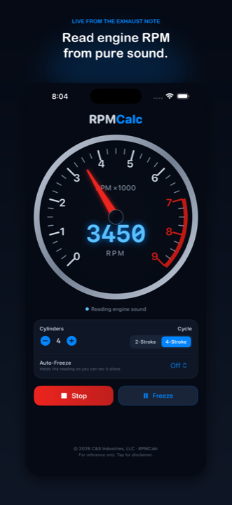 RPMCalc reading 3450 RPM on a 4-cylinder 4-stroke engine