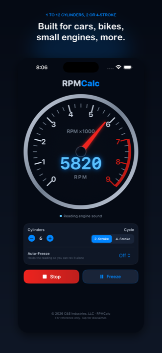 RPMCalc reading a 6-cylinder 2-stroke engine at 5820 RPM
